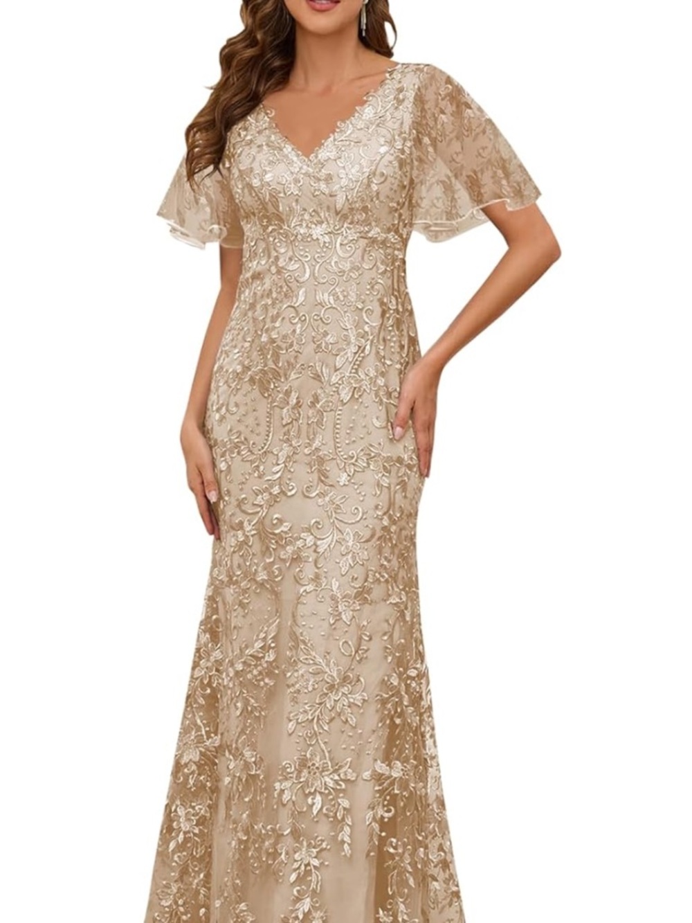 NWOT Elegant V-Neck Gold Lace Evening Dress